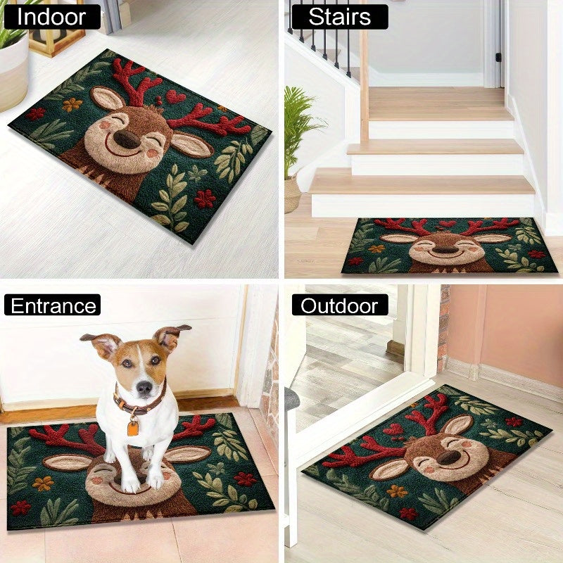 Reindeer Christmas Mat – Holiday Bathroom & Doorway Rug, Non-Slip & Washable