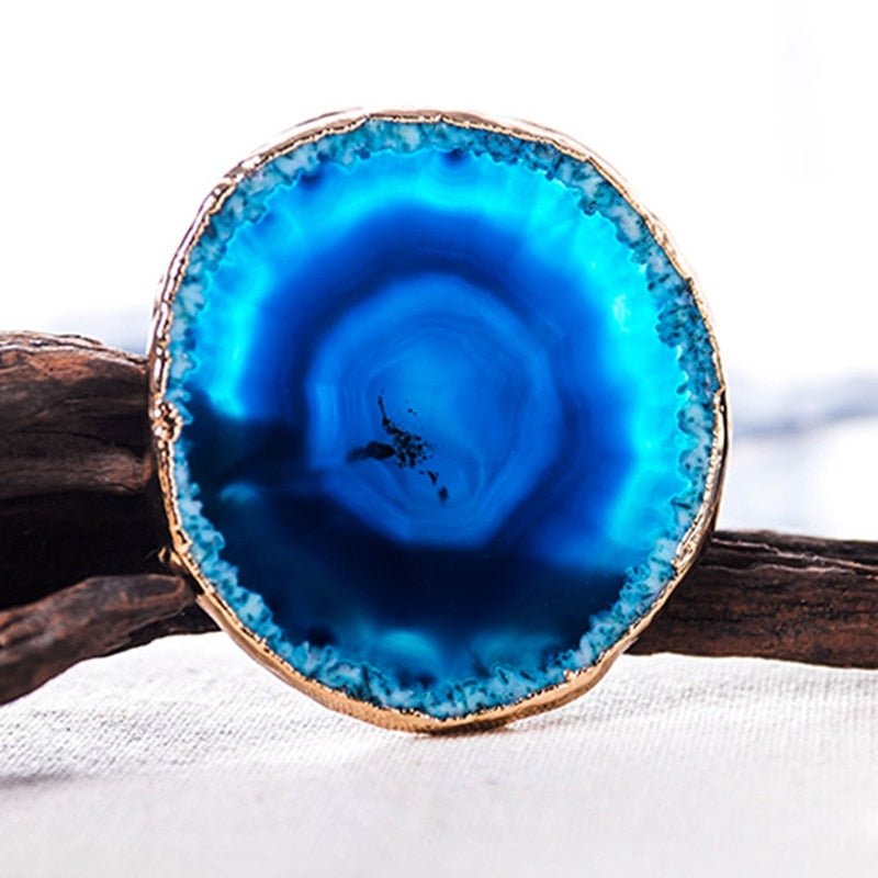 Luxury Blue Agate Coaster Set of 2 | Natural Crystal Stone Coasters with Gold Edge