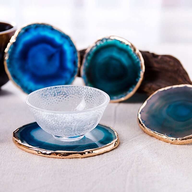 Luxury Blue Agate Coaster Set of 2 | Natural Crystal Stone Coasters with Gold Edge