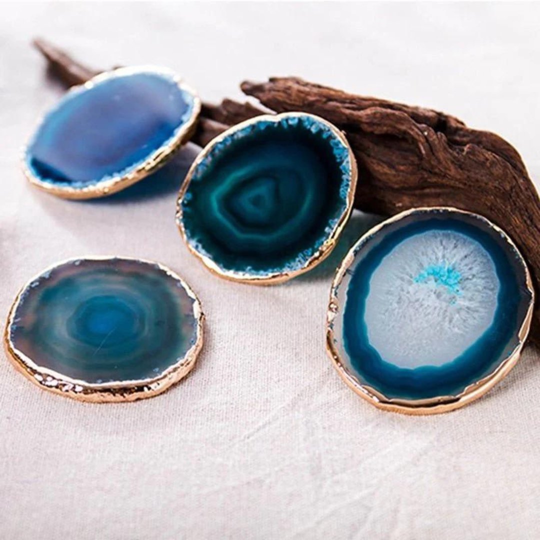Luxury Blue Agate Coaster Set of 2 | Natural Crystal Stone Coasters with Gold Edge