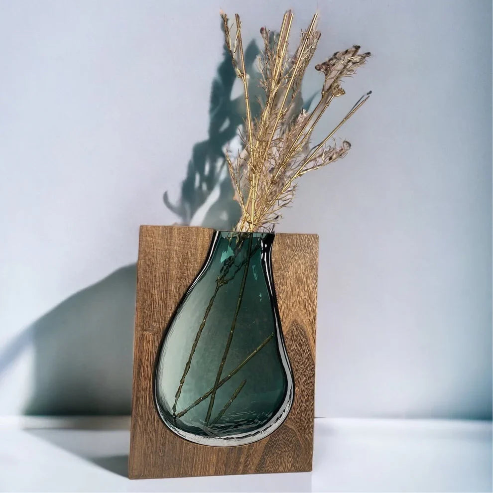 Nordic Wood & Glass Live Edge Vase | Modern Decorative Flower Vase for Living Room & Home Décor