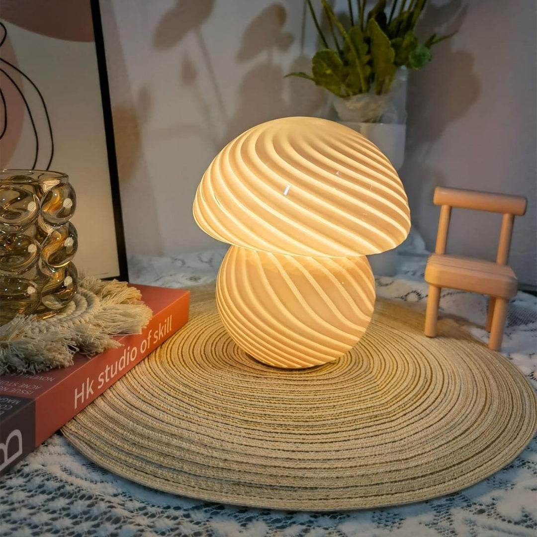 Vintage Mushroom Glass Lamp – Translucent Striped LED Bedside Lamp with 3 Color Modes