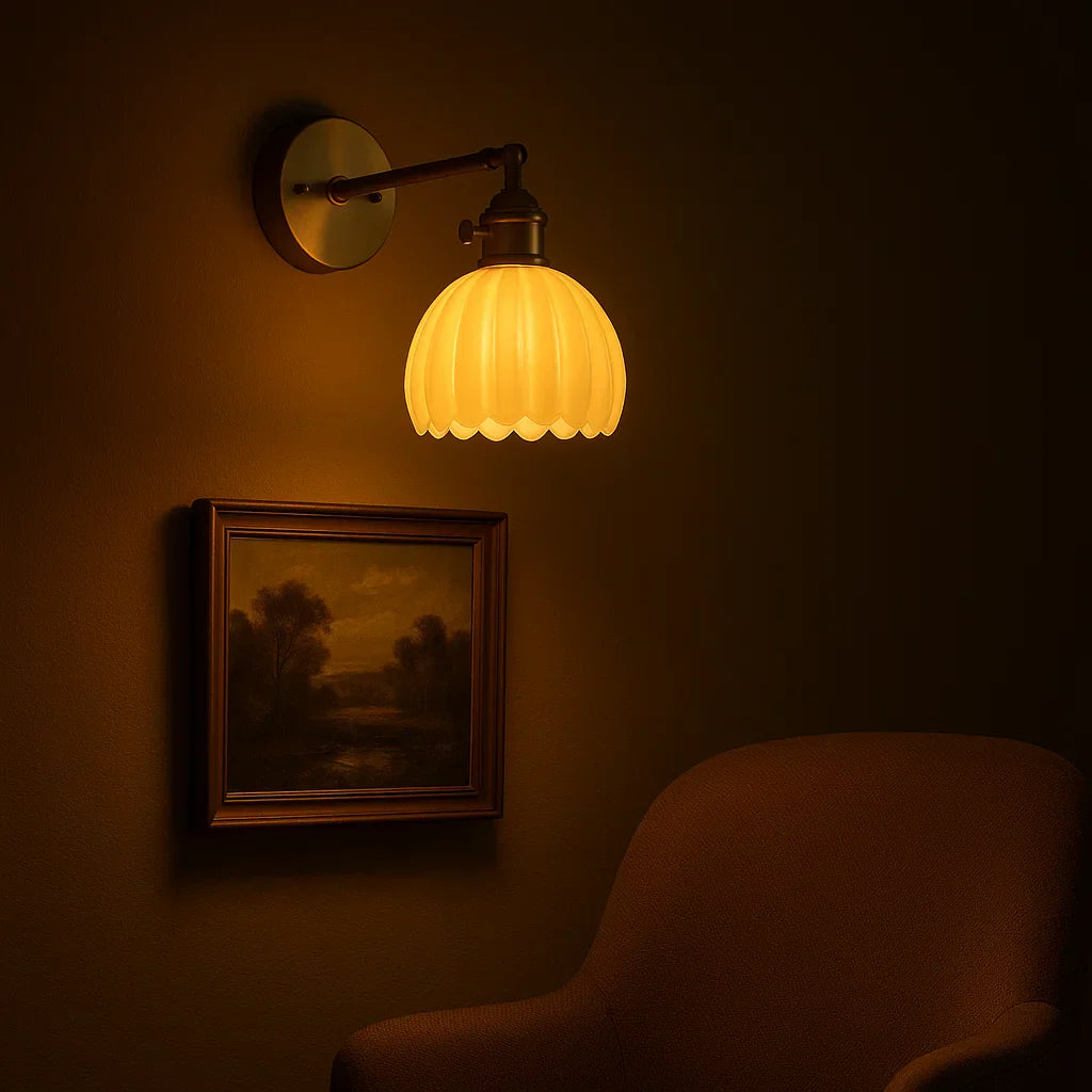 Luxury Retro Brass Tulip Wall Sconce - Vintage Fluted Glass Bedside Reading Light