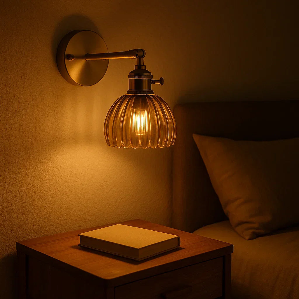 Luxury Retro Brass Tulip Wall Sconce - Vintage Fluted Glass Bedside Reading Light