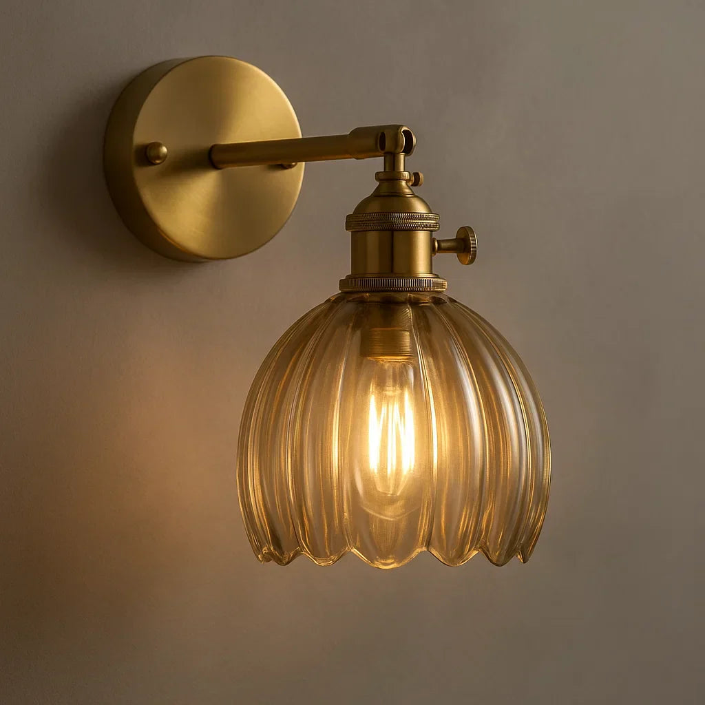 Luxury Retro Brass Tulip Wall Sconce - Vintage Fluted Glass Bedside Reading Light