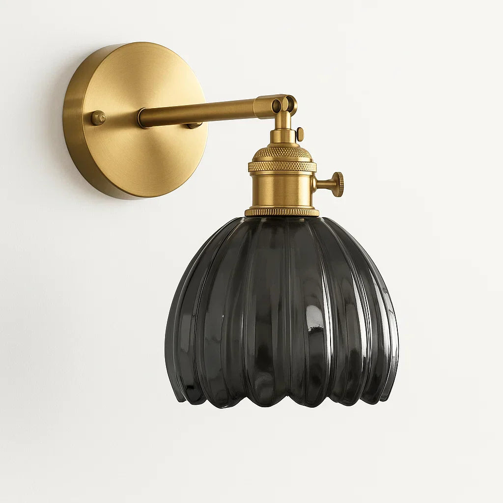 Luxury Retro Brass Tulip Wall Sconce - Vintage Fluted Glass Bedside Reading Light