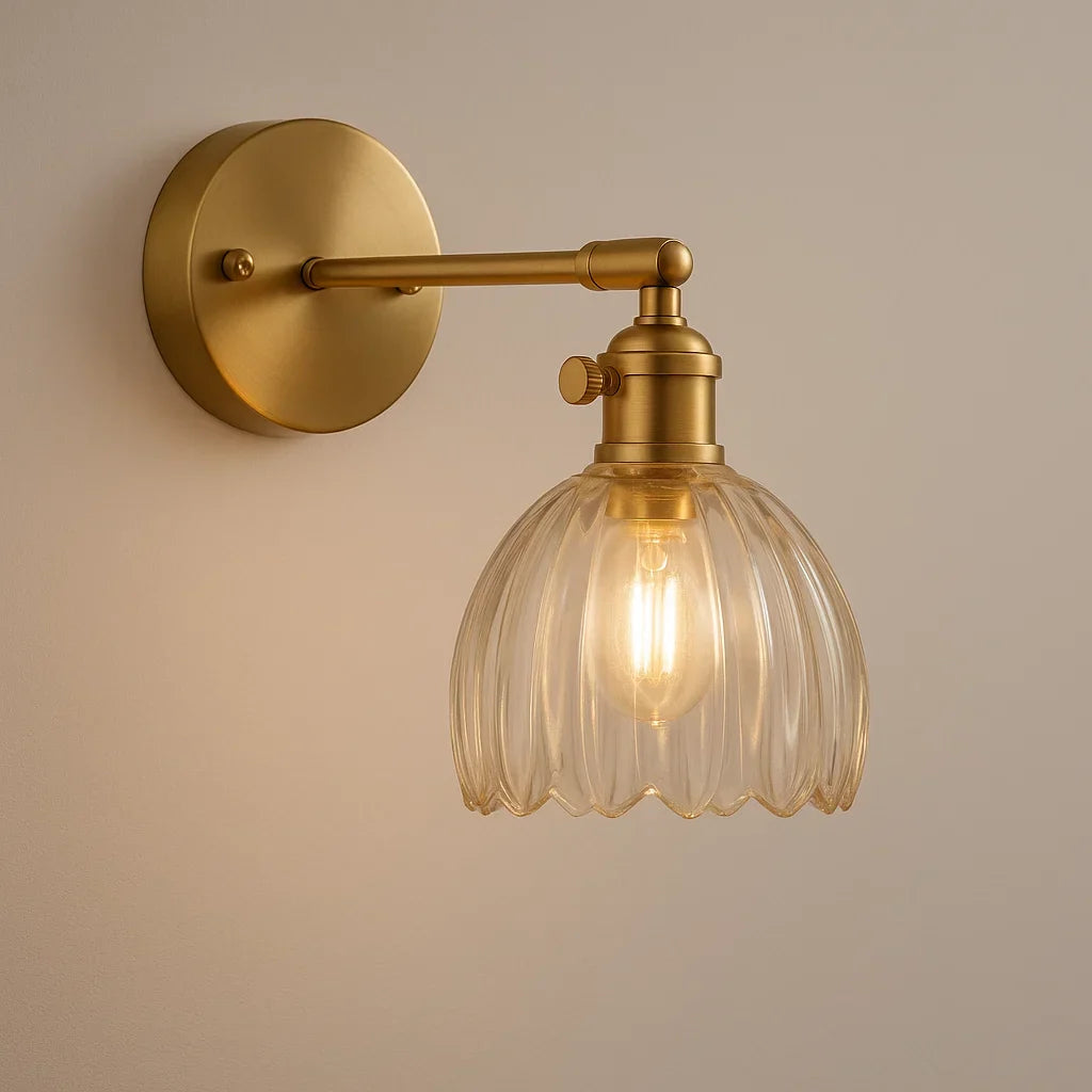 Luxury Retro Brass Tulip Wall Sconce - Vintage Fluted Glass Bedside Reading Light