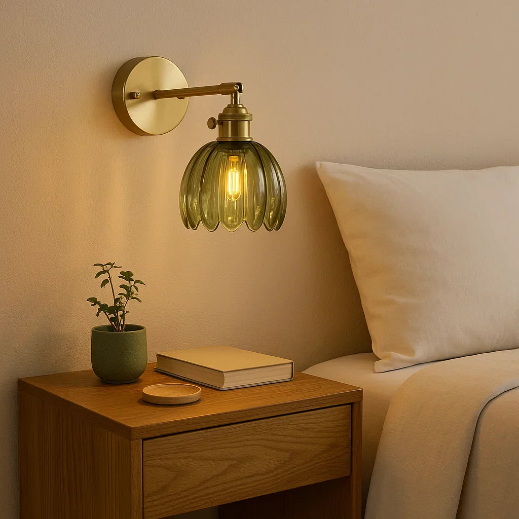 Luxury Retro Brass Tulip Wall Sconce - Vintage Fluted Glass Bedside Reading Light