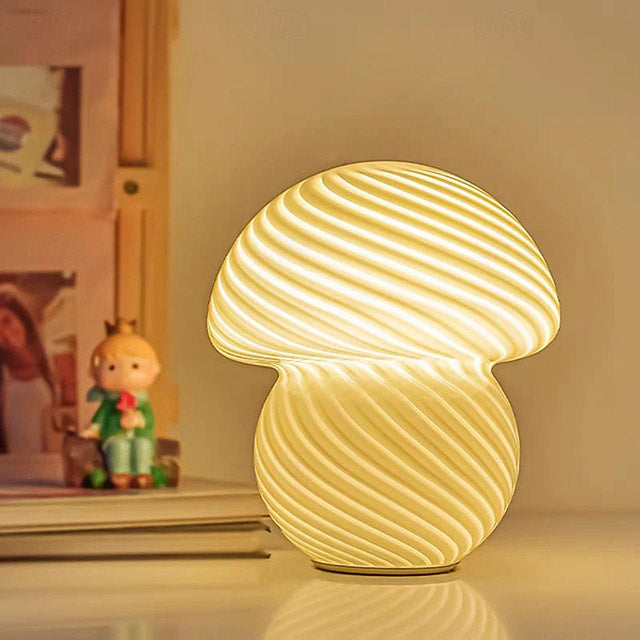 Vintage Mushroom Glass Lamp – Translucent Striped LED Bedside Lamp with 3 Color Modes
