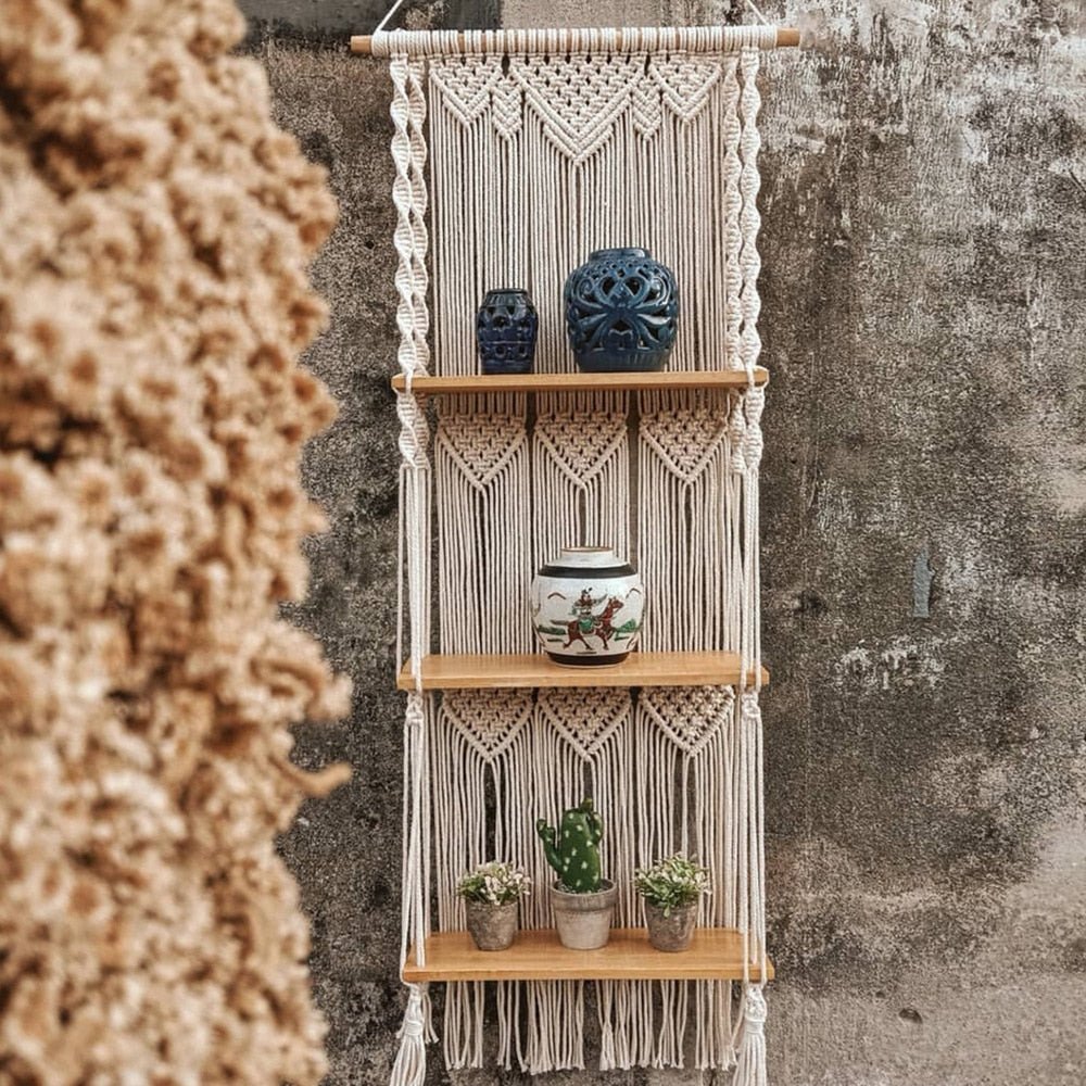 Boho Macrame Hanging Wall Shelf - Rustic Wood Floating Decor