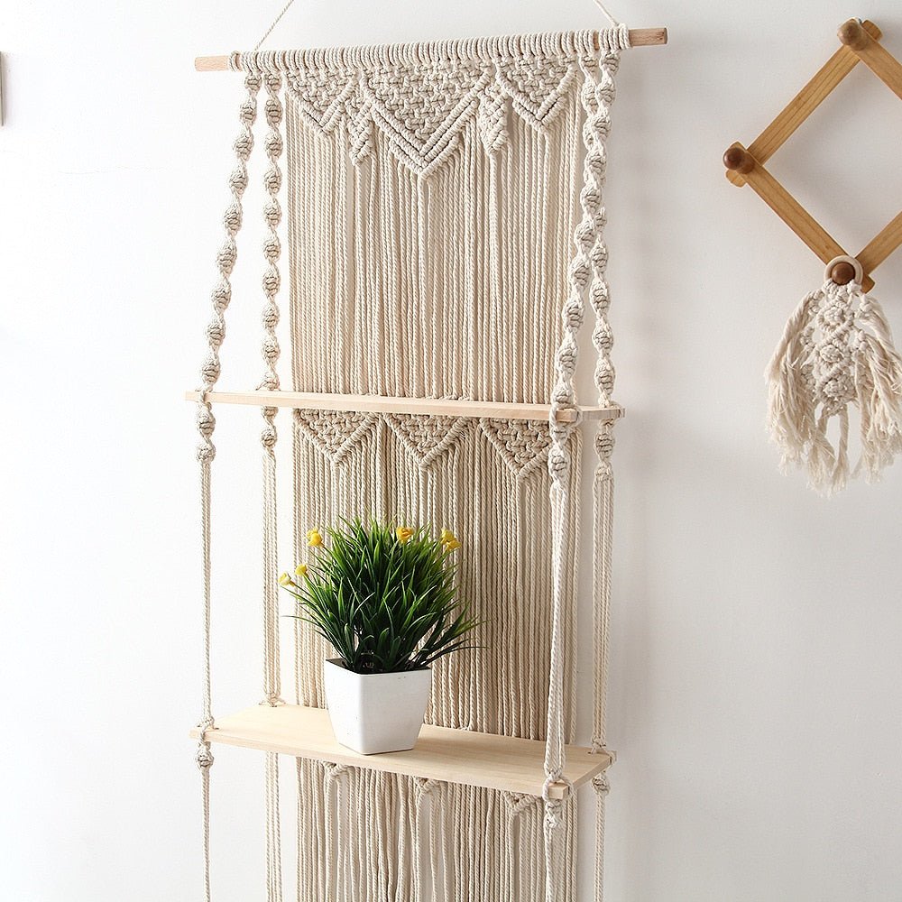 Boho Macrame Hanging Wall Shelf - Rustic Wood Floating Decor