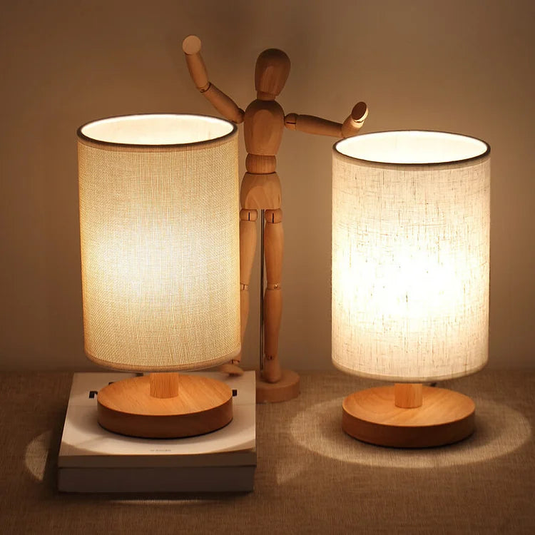 Modern Wood & Fabric Bedside Lamp - Dimmable 3-Color Temp USB Table Light