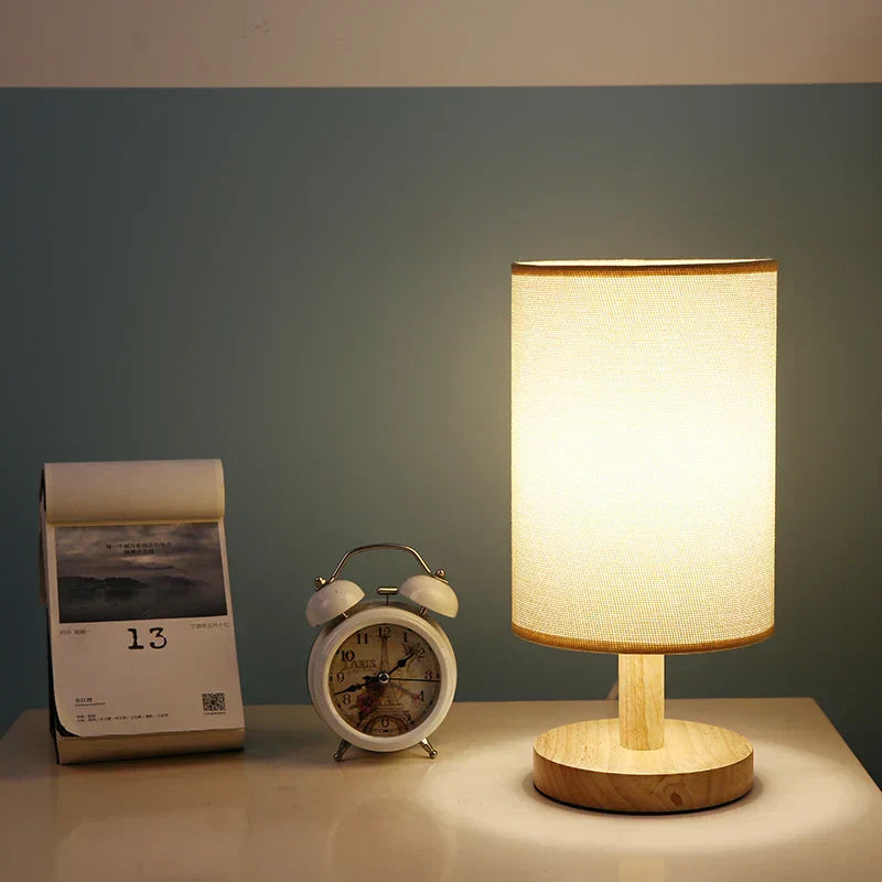 Modern Wood & Fabric Bedside Lamp - Dimmable 3-Color Temp USB Table Light