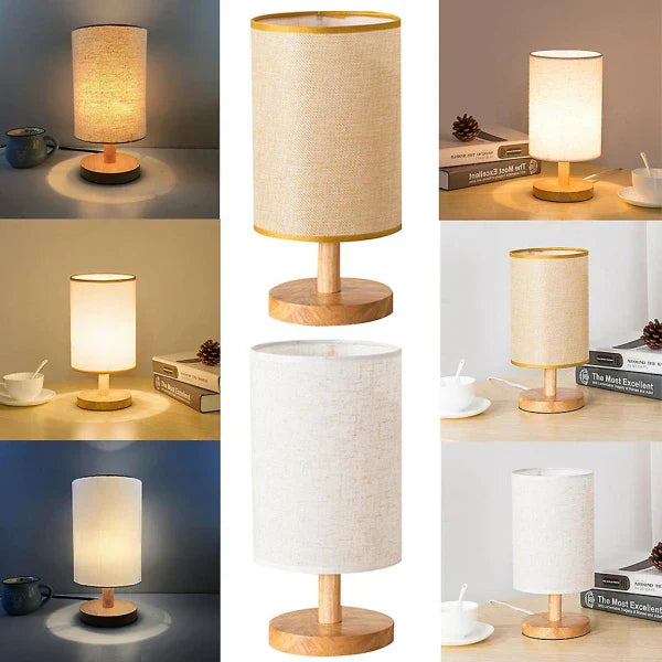 Modern Wood & Fabric Bedside Lamp - Dimmable 3-Color Temp USB Table Light