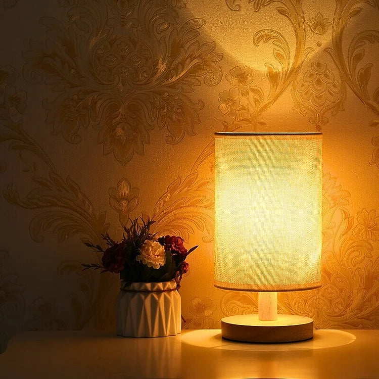 Modern Wood & Fabric Bedside Lamp - Dimmable 3-Color Temp USB Table Light
