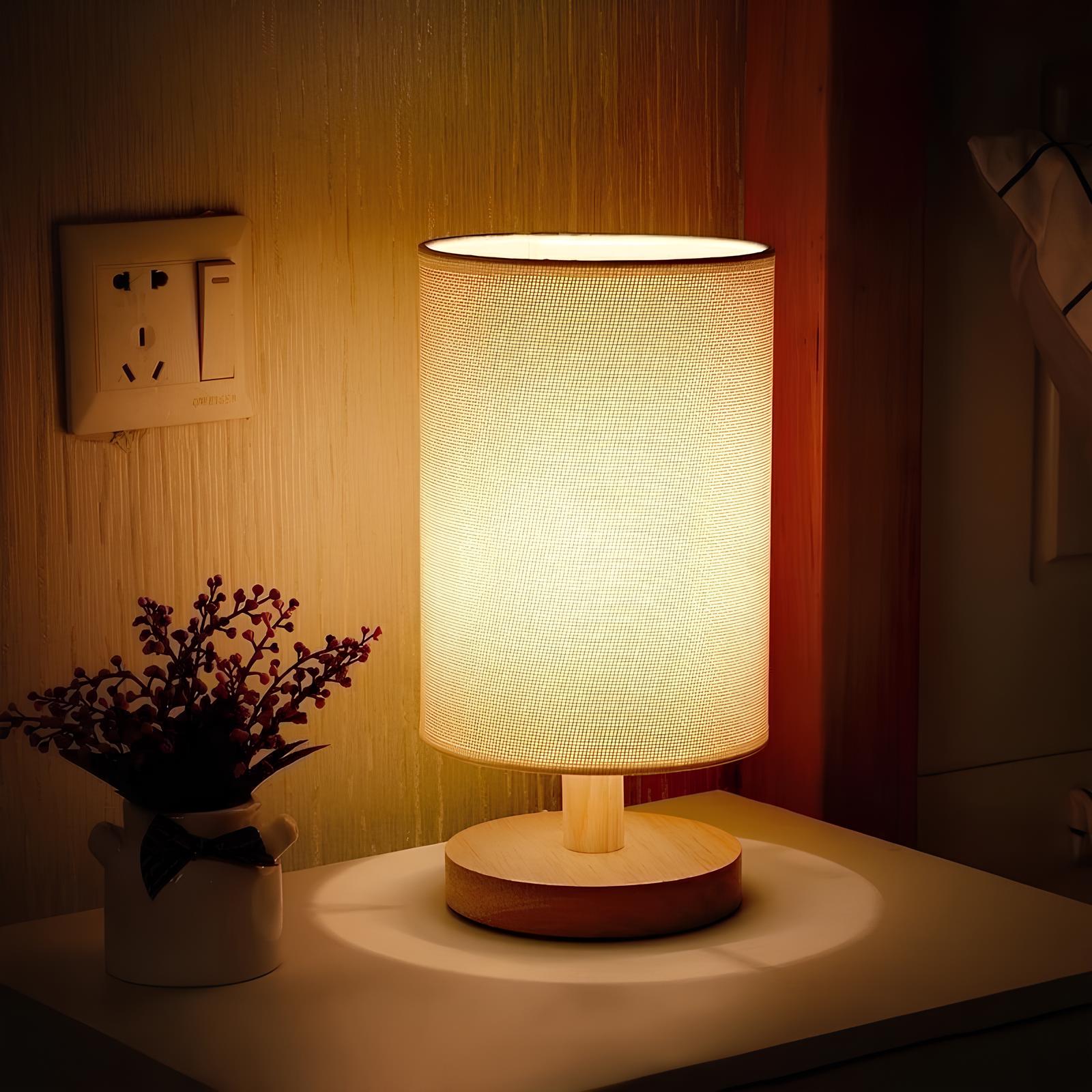 Modern Wood & Fabric Bedside Lamp - Dimmable 3-Color Temp USB Table Light
