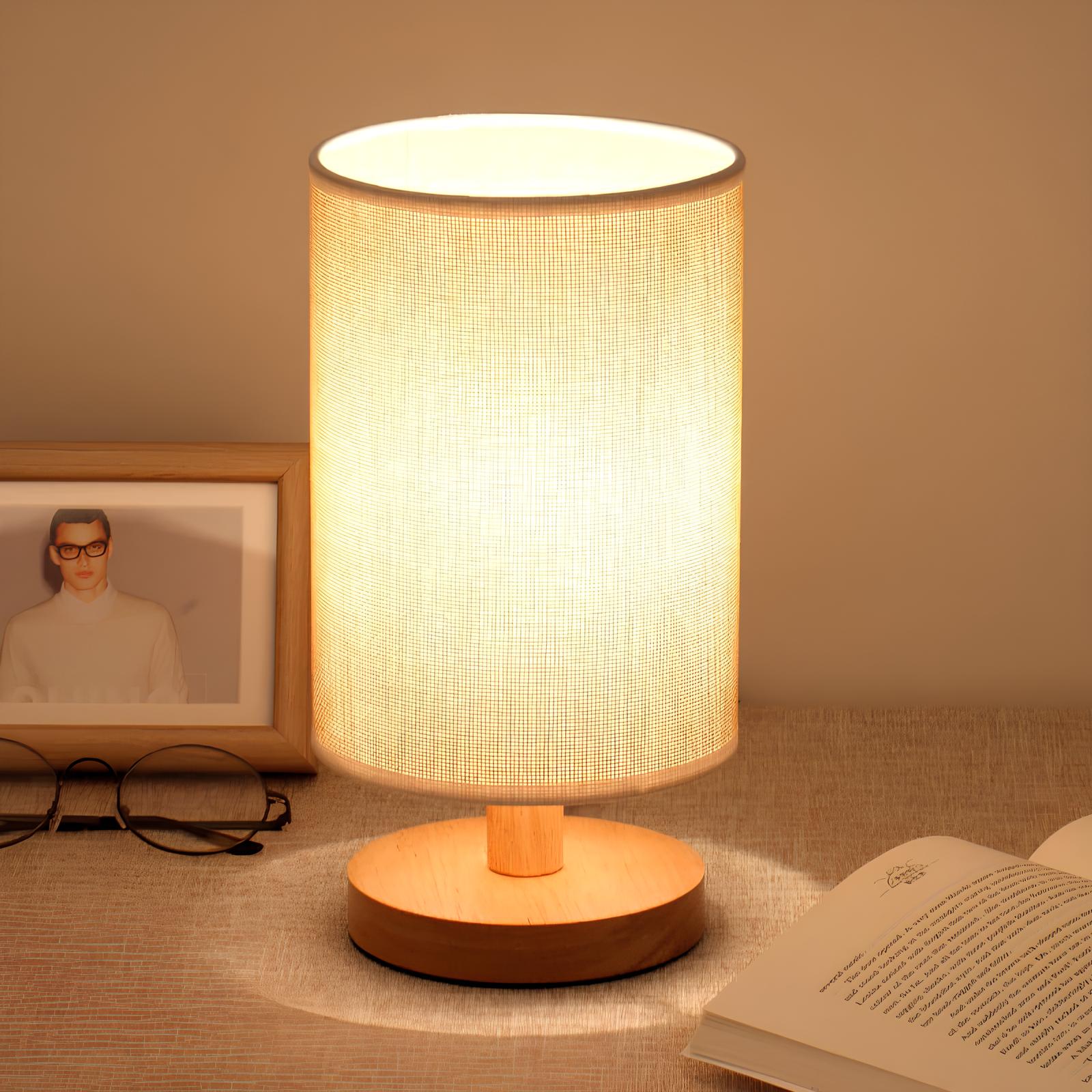 Modern Wood & Fabric Bedside Lamp - Dimmable 3-Color Temp USB Table Light
