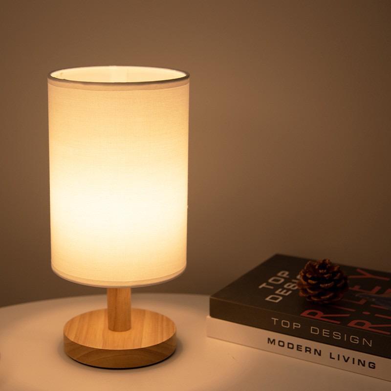 Modern Wood & Fabric Bedside Lamp - Dimmable 3-Color Temp USB Table Light