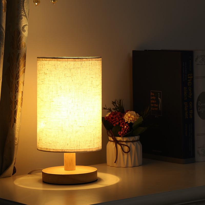 Modern Wood & Fabric Bedside Lamp - Dimmable 3-Color Temp USB Table Light