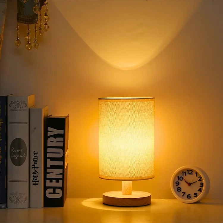 Modern Wood & Fabric Bedside Lamp - Dimmable 3-Color Temp USB Table Light