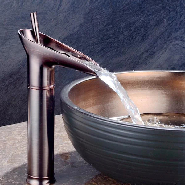 Antique Brass Waterfall Faucet - Single Handle Bathroom Vessel Sink Mixer Tap