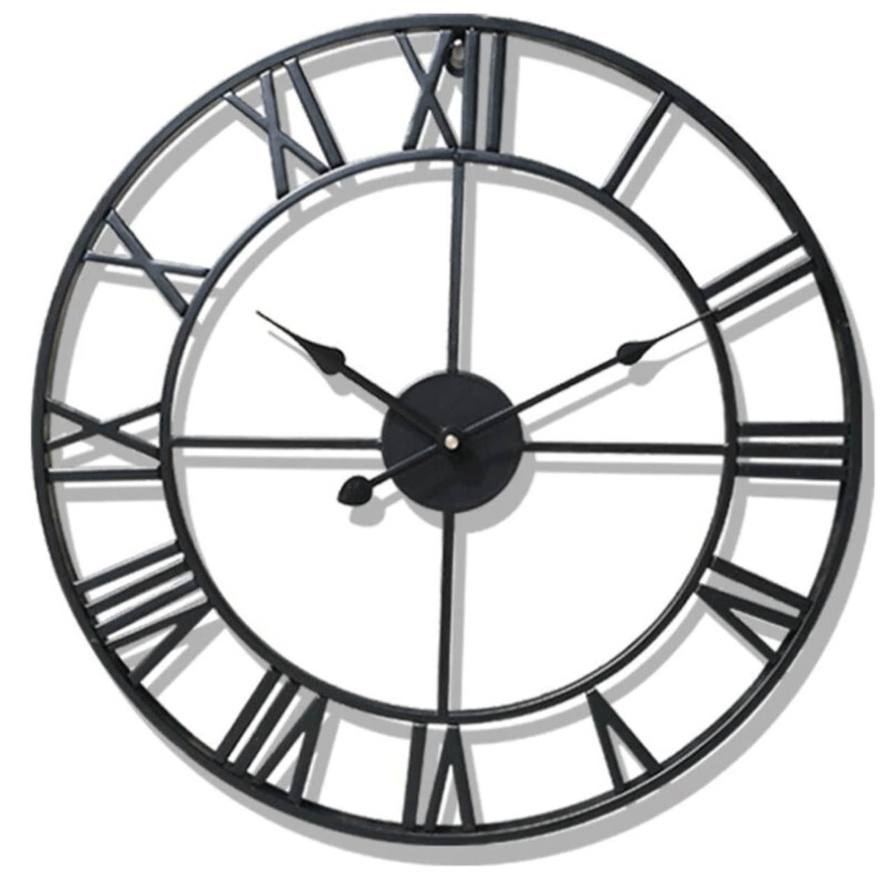 Large Roman Numeral Wall Clock - Industrial Metal Skeleton Design Decor