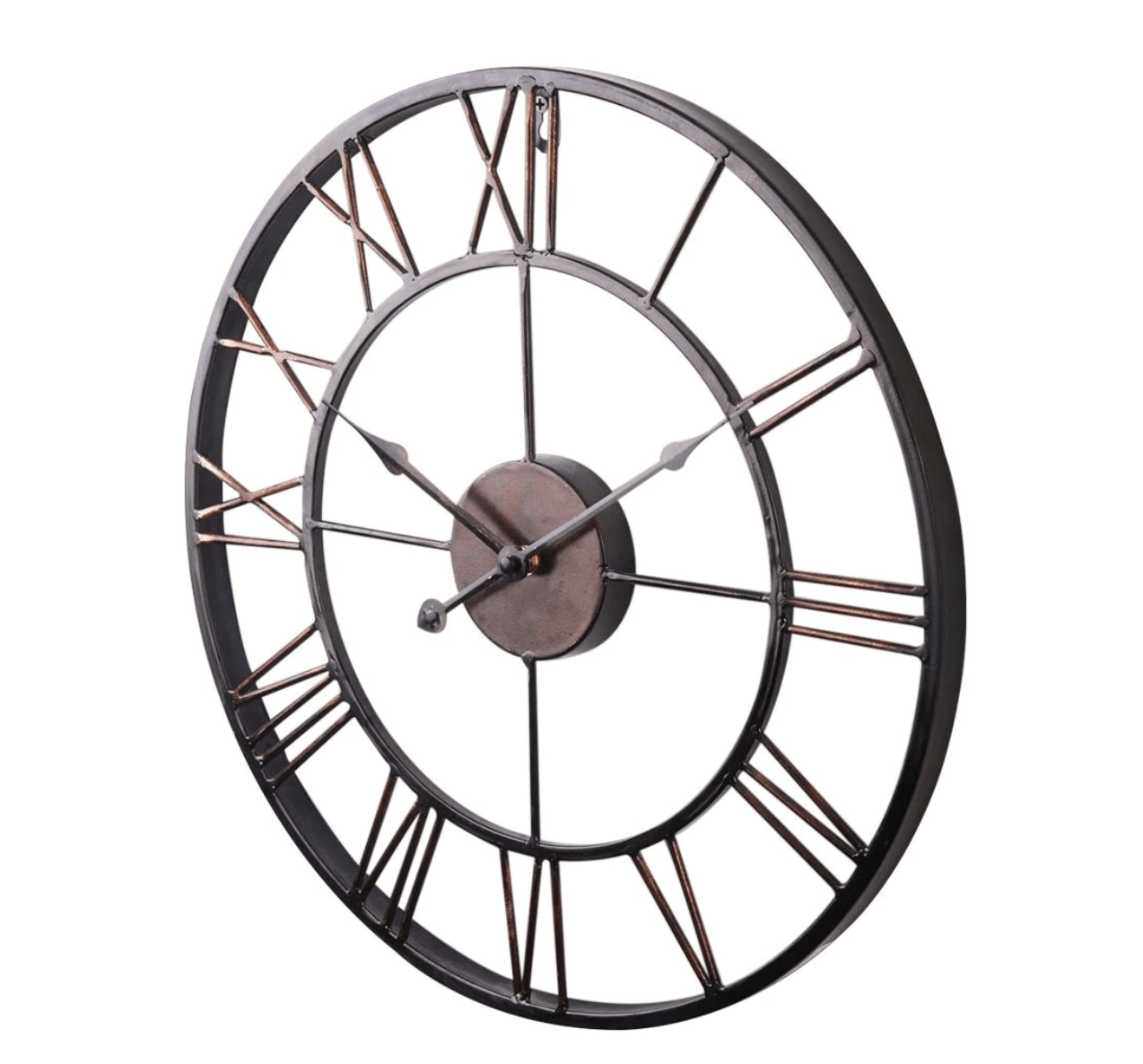 Large Roman Numeral Wall Clock - Industrial Metal Skeleton Design Decor