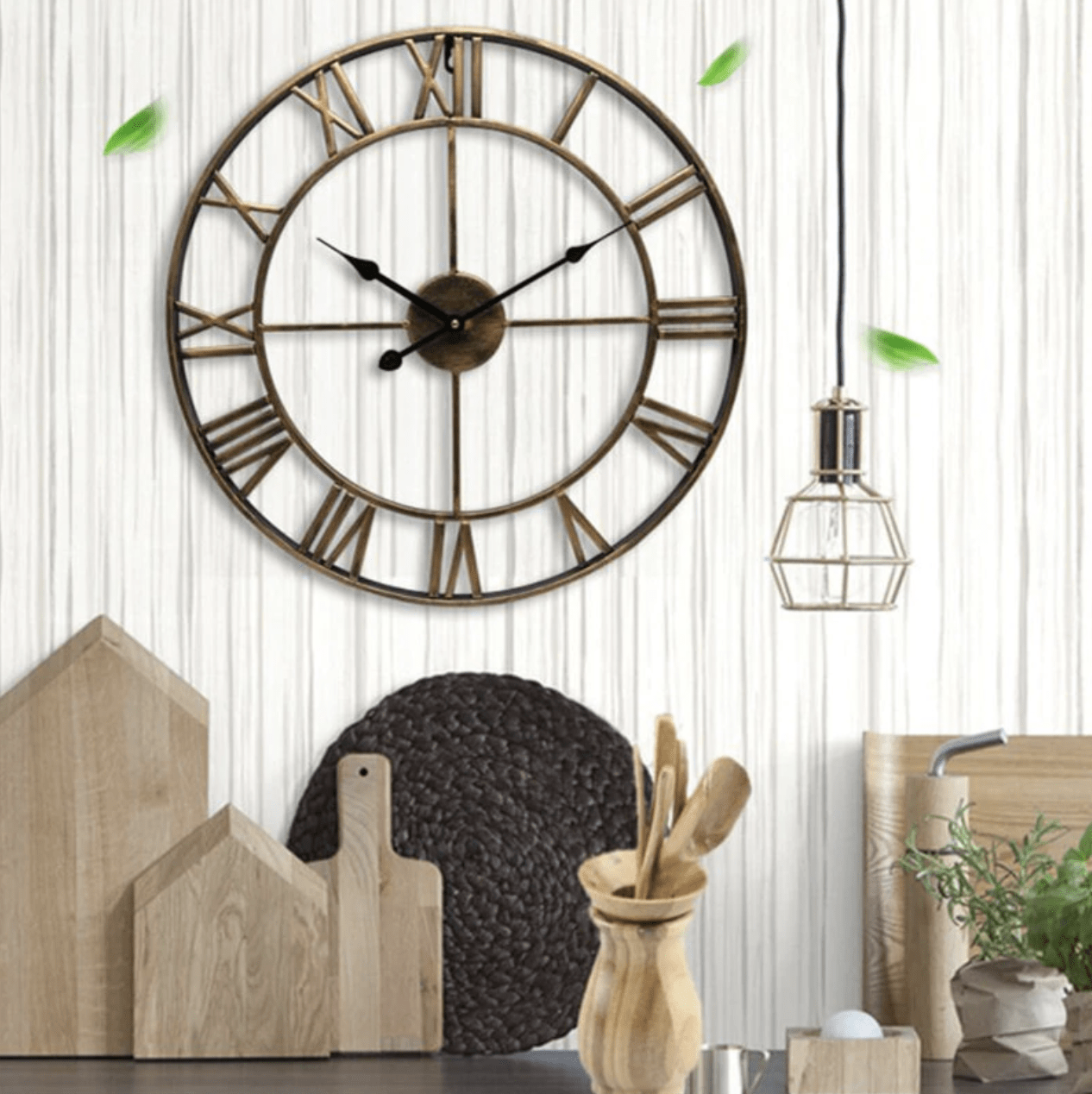 Large Roman Numeral Wall Clock - Industrial Metal Skeleton Design Decor
