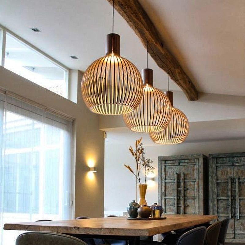 Handcrafted Wood Pendant Light - Rustic Natural Wood Ceiling Lamp for Dining Room