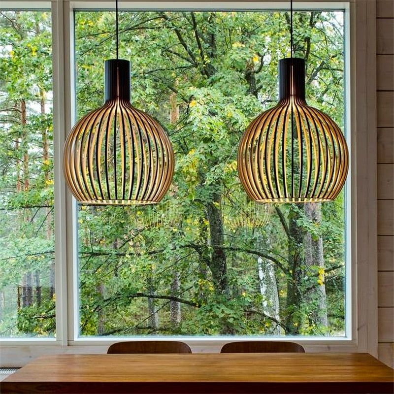 Handcrafted Wood Pendant Light - Rustic Natural Wood Ceiling Lamp for Dining Room