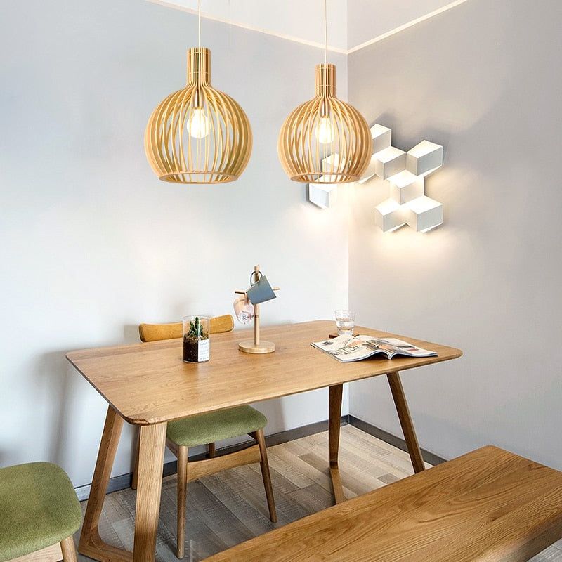 Handcrafted Wood Pendant Light - Rustic Natural Wood Ceiling Lamp for Dining Room