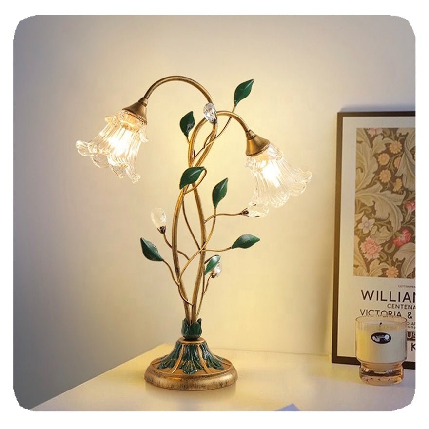Vintage Crystal Flower Table Lamp - Gold Finish Glam Living Room Accent Light