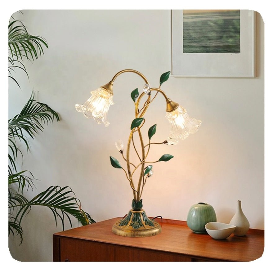 Vintage Crystal Flower Table Lamp - Gold Finish Glam Living Room Accent Light