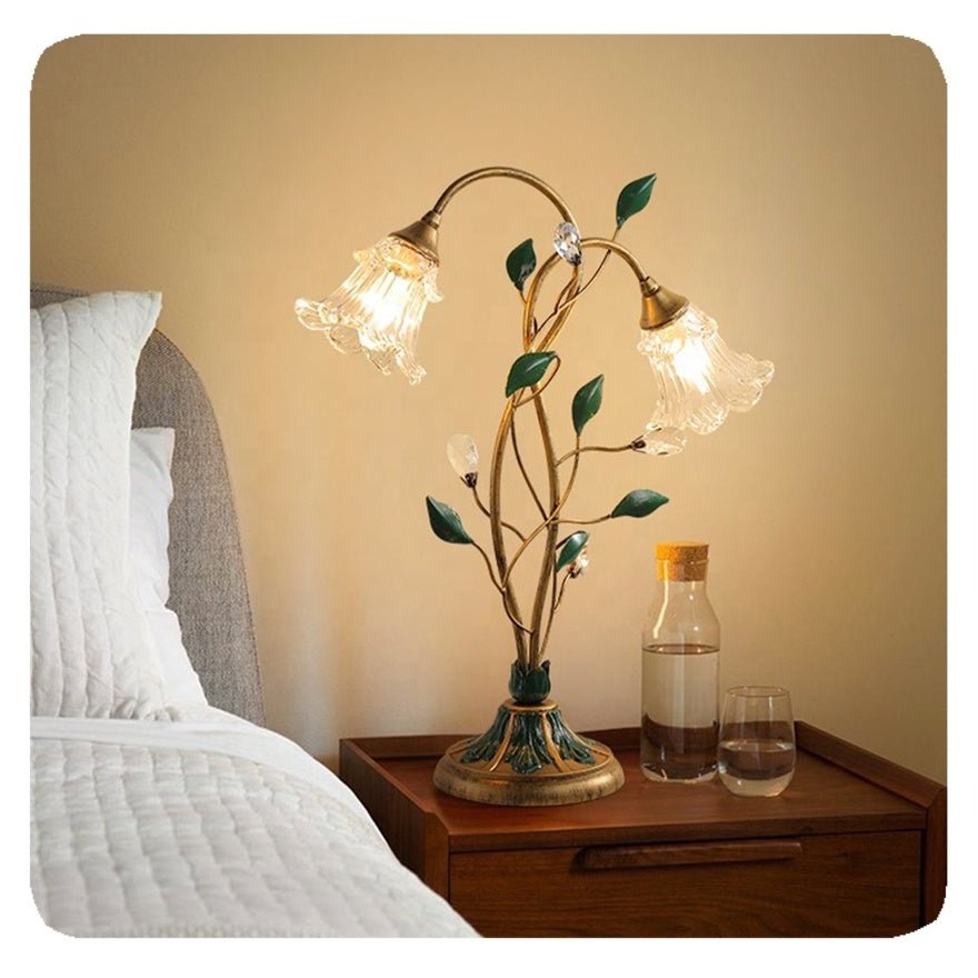 Vintage Crystal Flower Table Lamp - Gold Finish Glam Living Room Accent Light