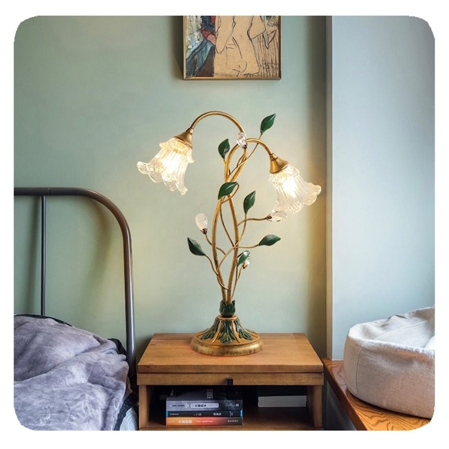 Vintage Crystal Flower Table Lamp - Gold Finish Glam Living Room Accent Light