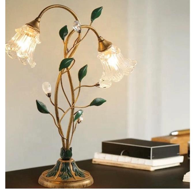 Vintage Crystal Flower Table Lamp - Gold Finish Glam Living Room Accent Light