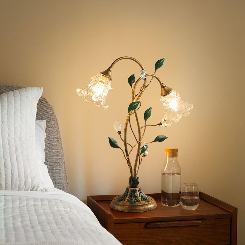 Vintage Crystal Flower Table Lamp - Gold Finish Glam Living Room Accent Light
