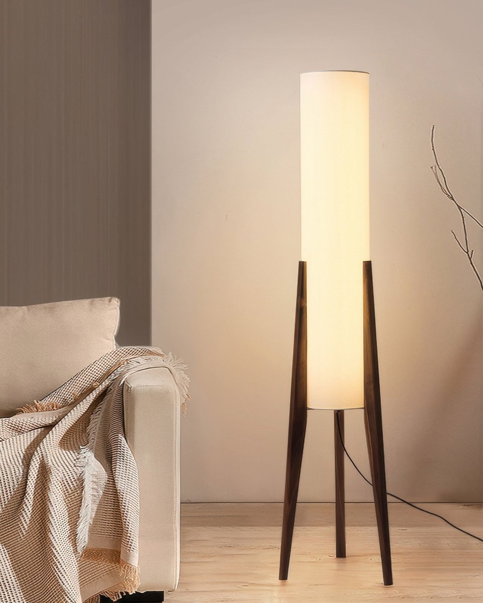 Walnut Wood Modern Floor Lamp - Mid-Century Tripod Standing Light for Living Room