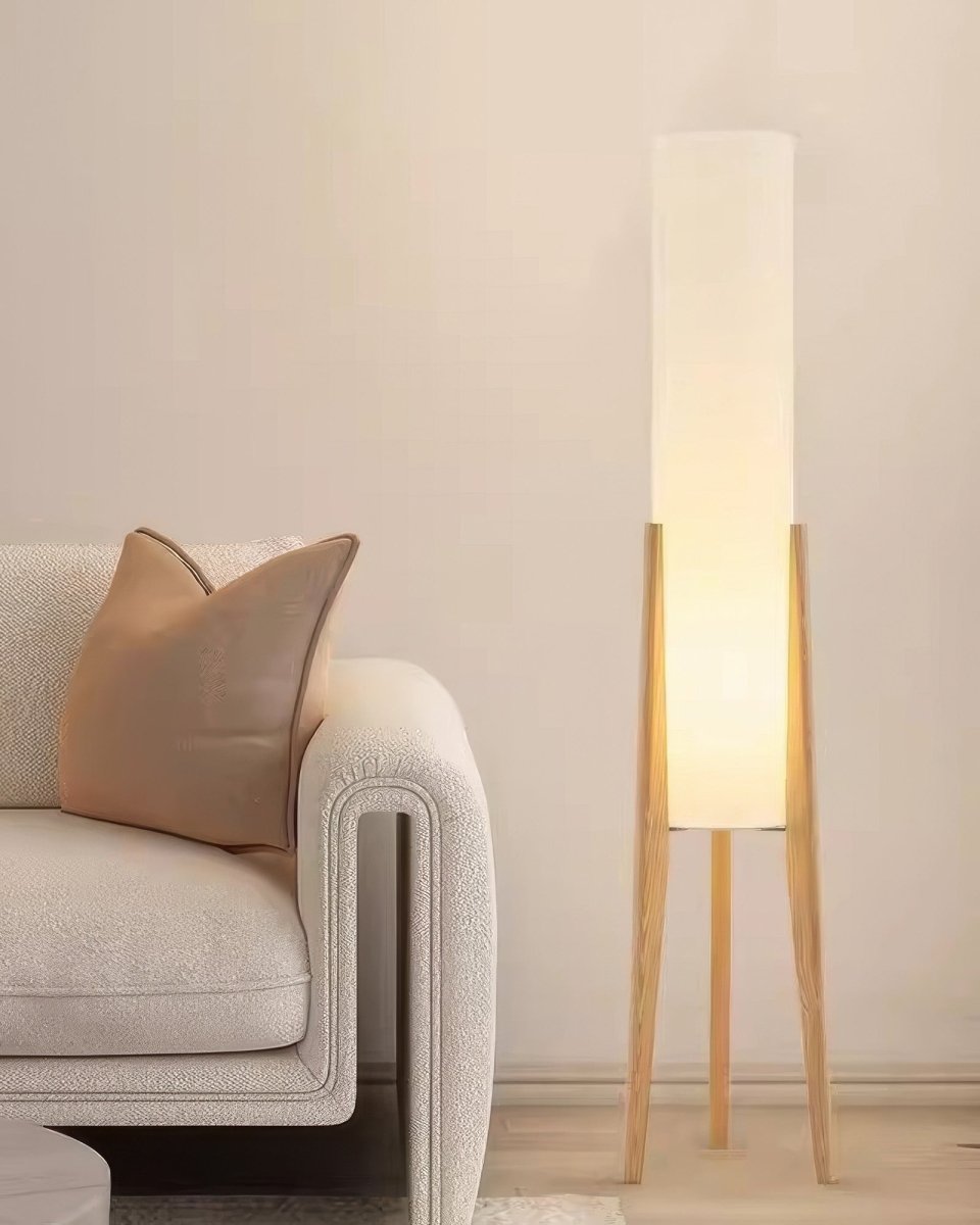 Walnut Wood Modern Floor Lamp - Mid-Century Tripod Standing Light for Living Room