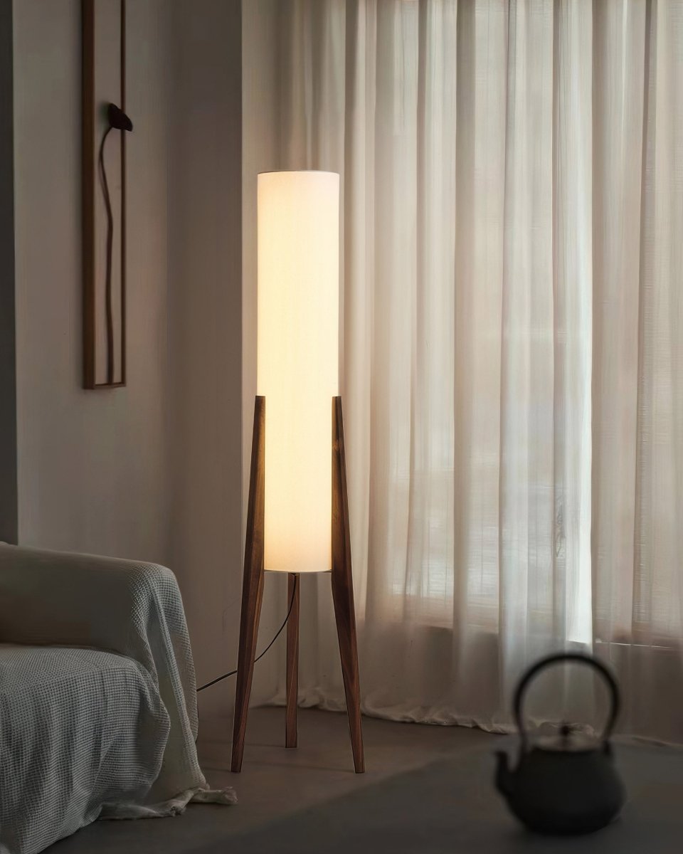 Walnut Wood Modern Floor Lamp - Mid-Century Tripod Standing Light for Living Room